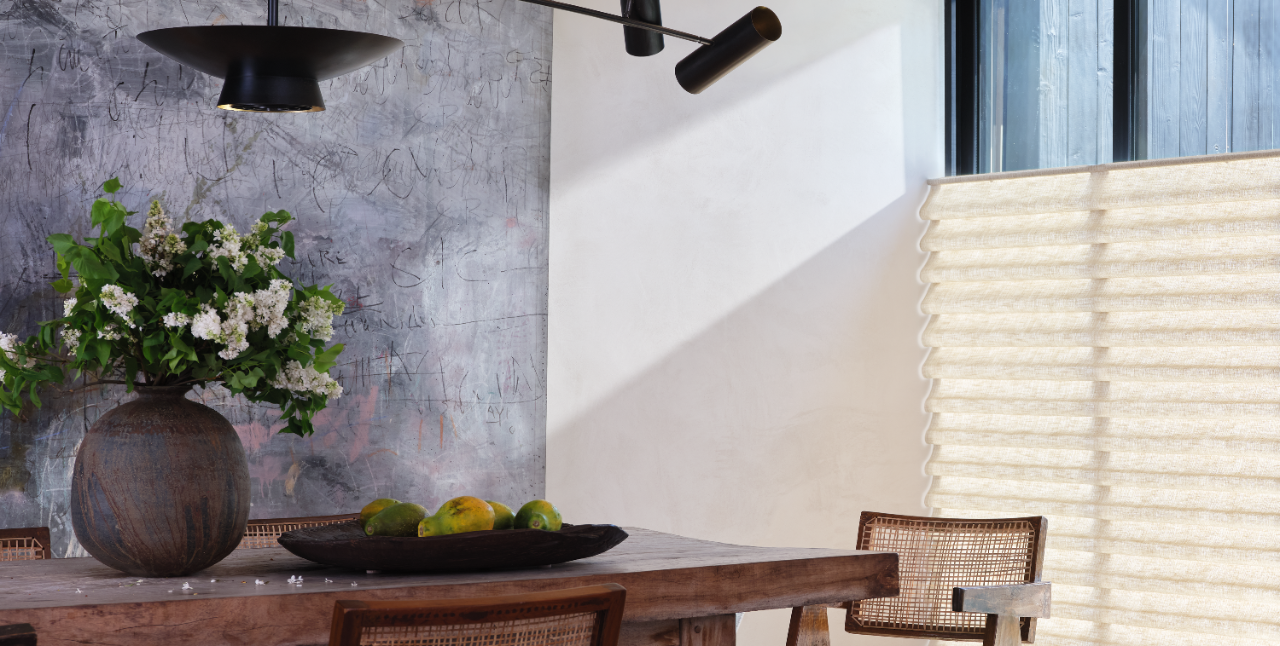 Kitchen table with black modern light. Top down shades in window